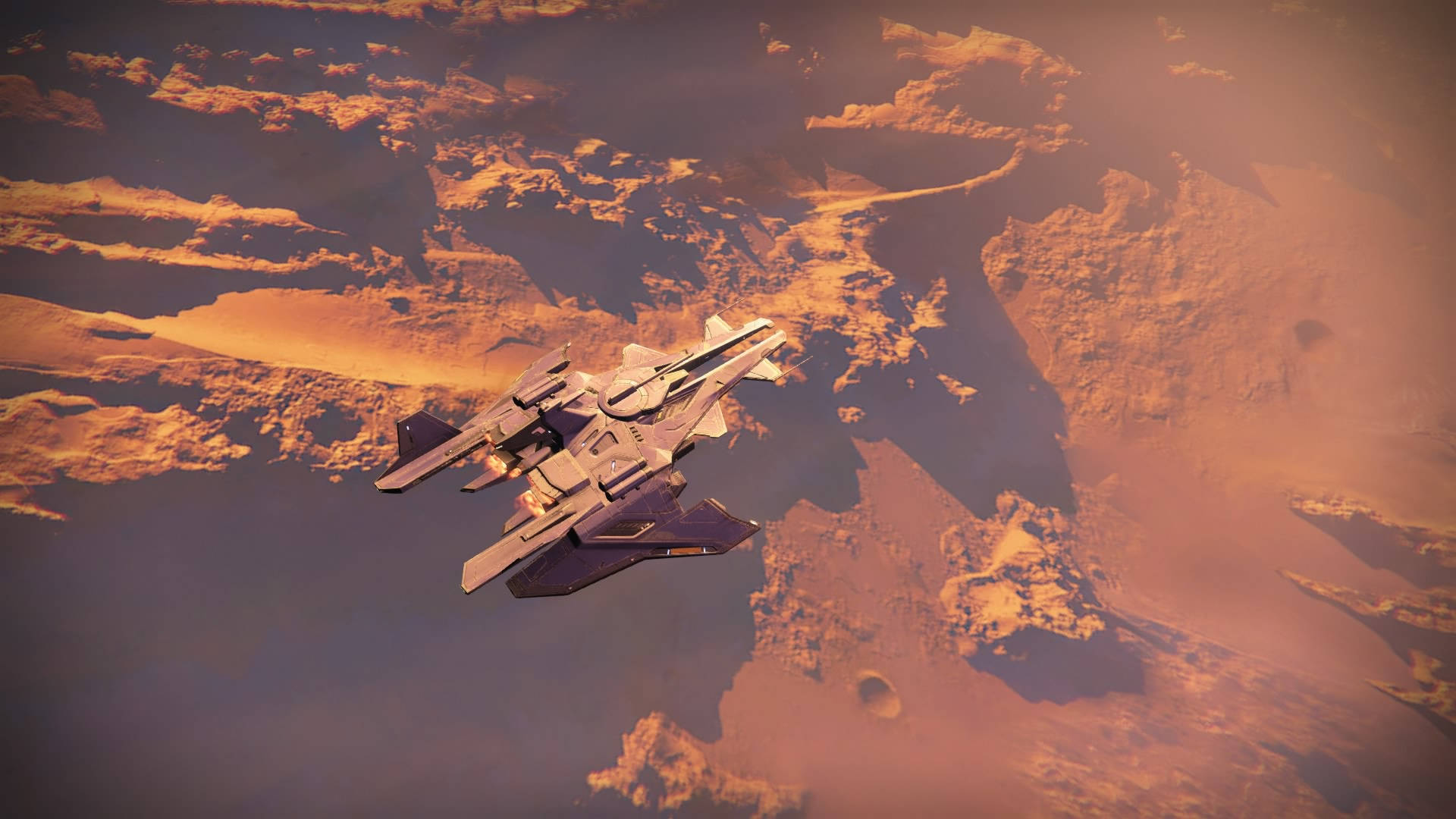 destiny 4K 桌布 壁紙 — 一艘時尚的未來太空船在崎嶇的外星行星上空滑翔，沐浴在溫暖的橙色和紫色暮色中。