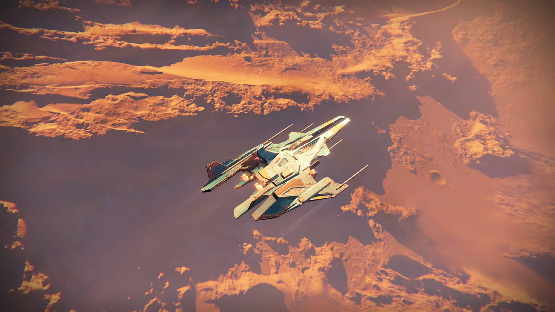 destiny 4K 桌布 壁紙 — 一艘時尚的未來太空船在崎嶇的外星行星上空滑翔，沐浴在溫暖的橙色和紫色色調中。