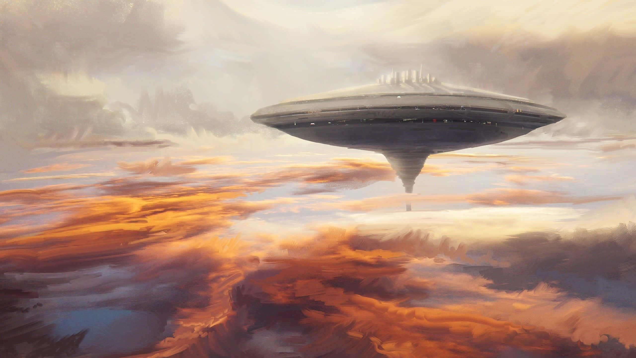 Bespin 桌布 壁紙 — 一艘時尚的未來太空船在日落時分懸浮在熾熱的橙色和紫色雲海之上。