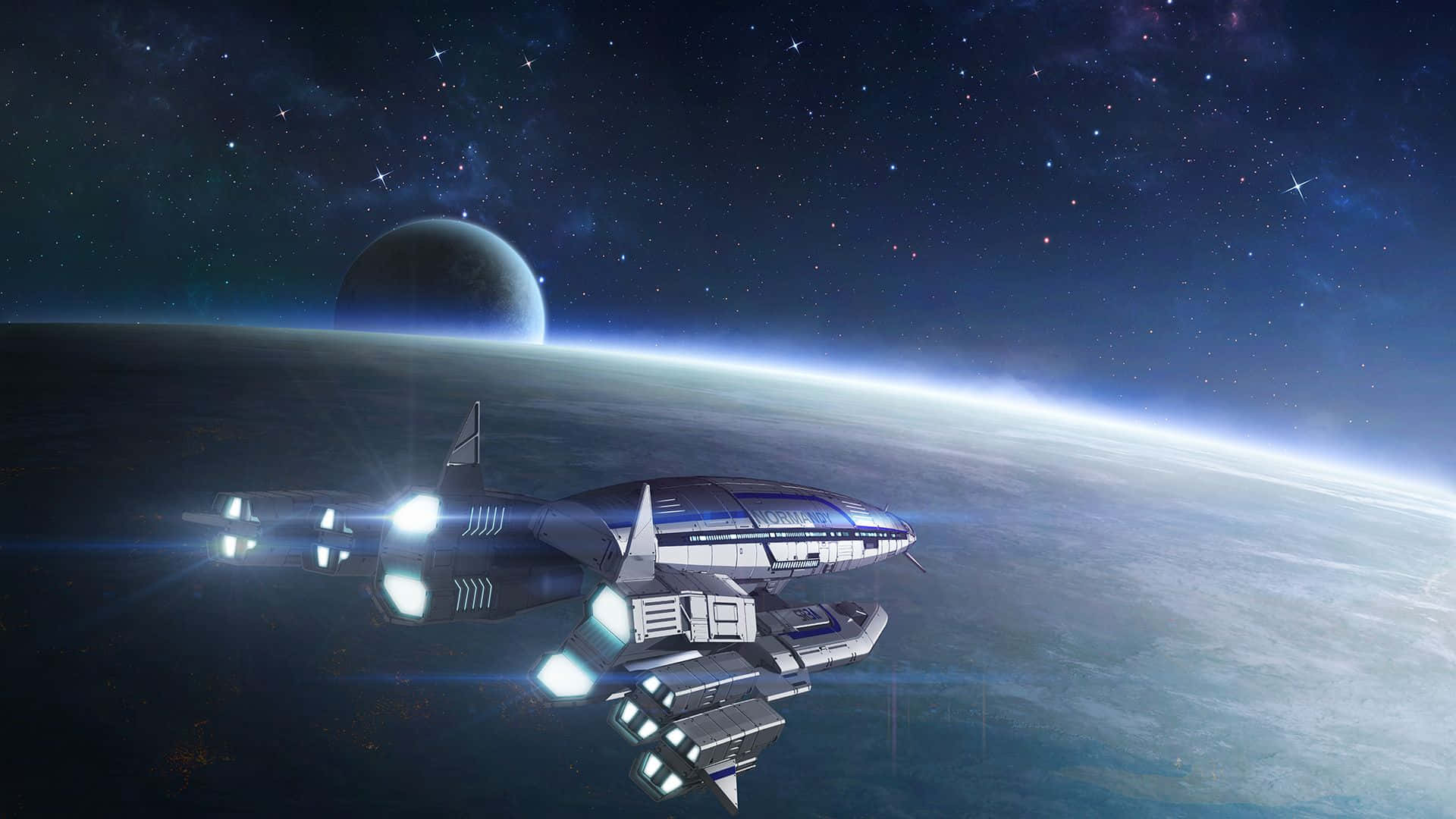 Normandy Sr-2 桌布 壁紙 — 一艘時尚的未來太空船在星光宇宙天空下，於行星彎曲的地平線上方滑行。