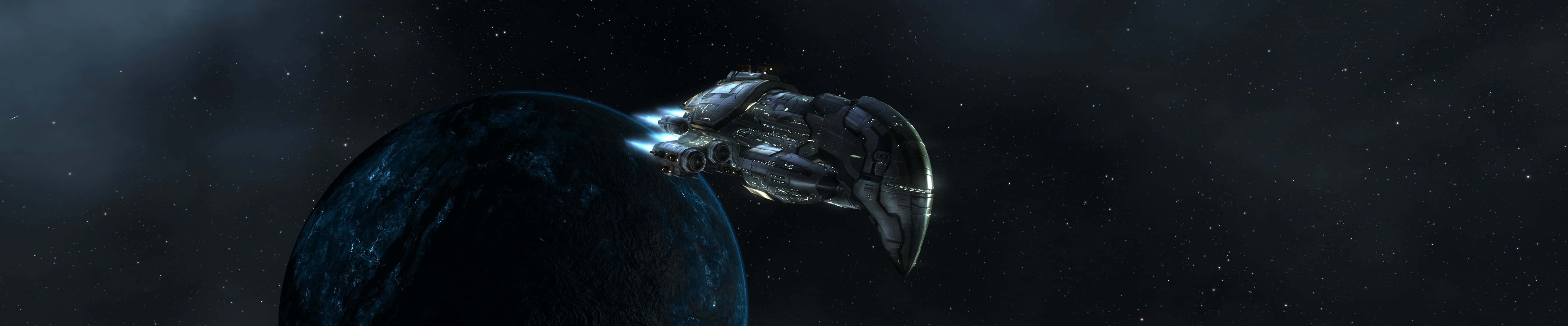 Sci Fi Desktop 桌布 壁紙 — 一艘時尚的未來太空船在星光宇宙背景下掠過一顆深藍色行星。