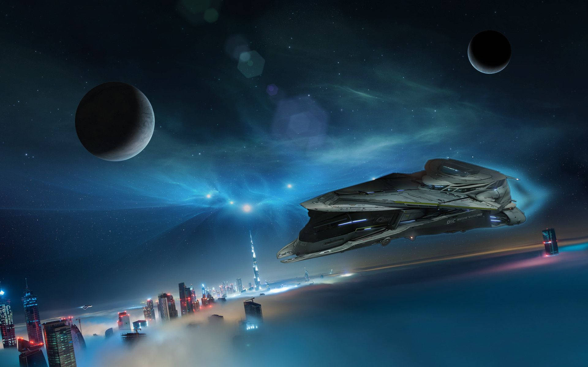 星際公民 桌布 壁紙 — 一艘時尚的未來太空船在星空下，有兩個月亮和宇宙星雲，滑翔在發光的霓虹城市景觀上。