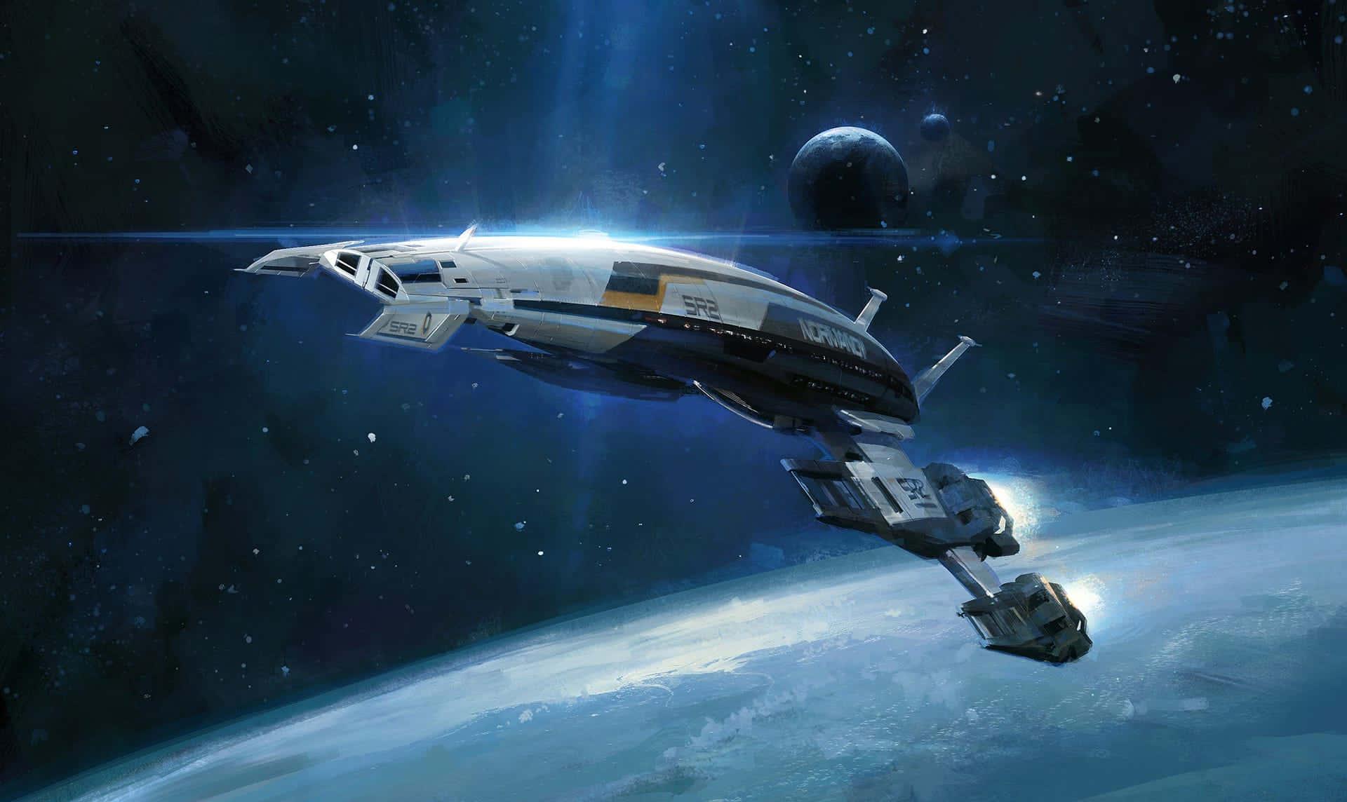 Spaceship 桌布 壁紙 — 一艘時尚的未來太空船在星空之中滑翔，飛越一個帶有發光大氣帶的藍色星球。