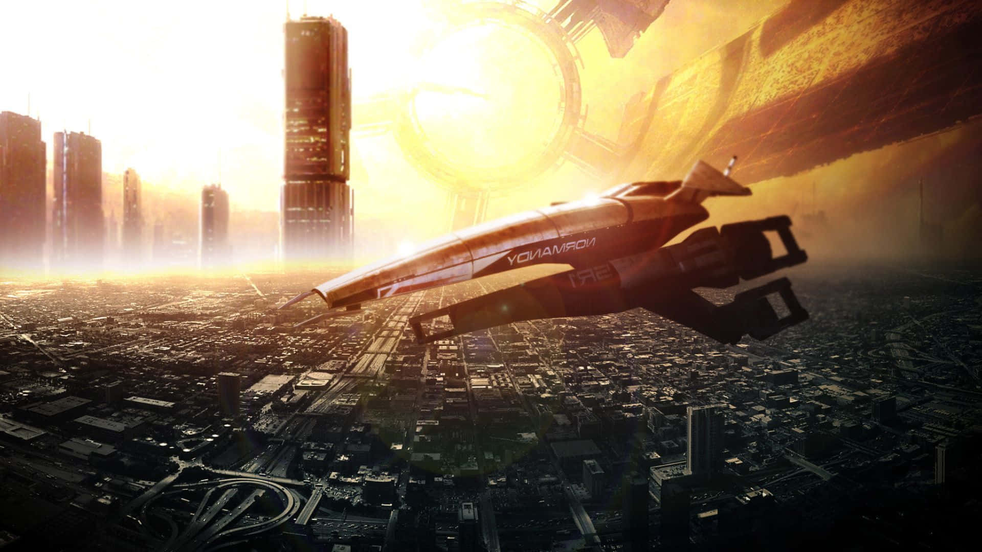 Mass Effect Citadel 桌布 壁紙 — 一艘時尚的未來太空船在沐浴在金色日落光芒中的廣闊賽博朋克城市景觀上空翱翔。