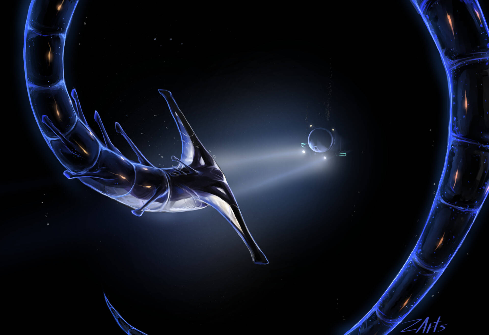 ghost leviathan 桌布 壁紙 — 一艘時尚的未來太空船在深空中滑過一個發光的藍色環狀結構，遠處有星星和一顆行星。