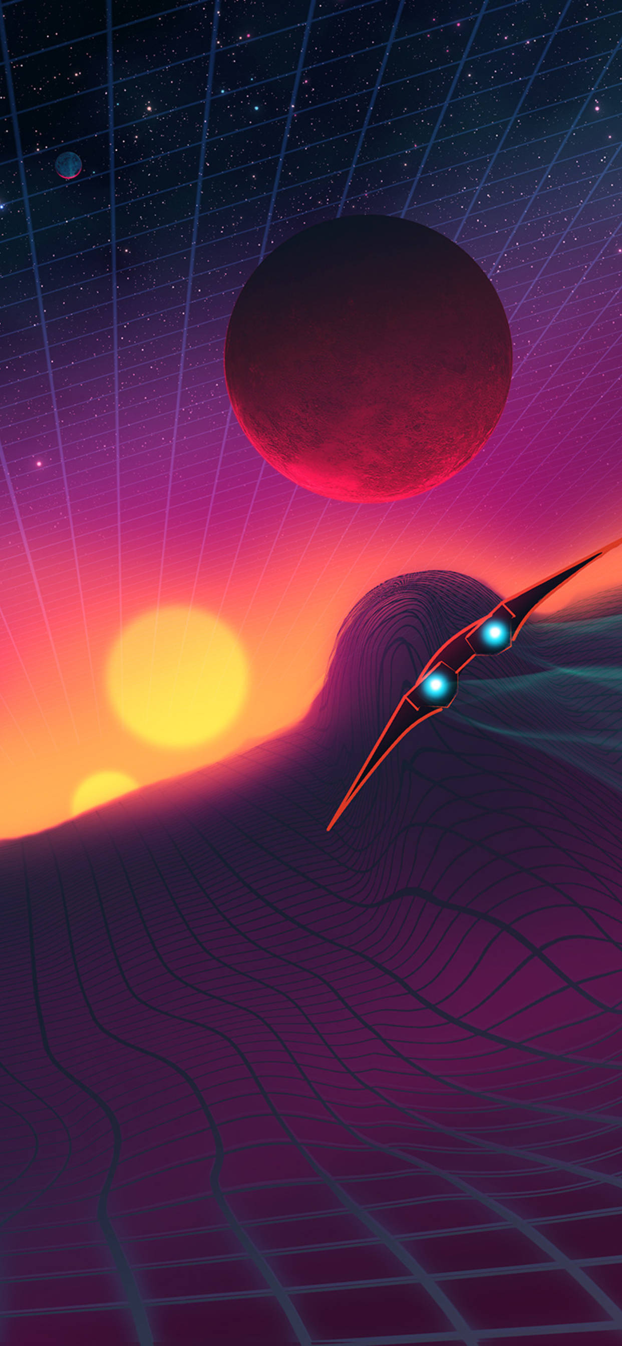 Retro Space 桌布 壁紙 — 一艘時尚的未來太空船在發光的網格景觀上空滑行，下方是超現實的日落，伴隨著一顆巨大的紅色行星和星星。