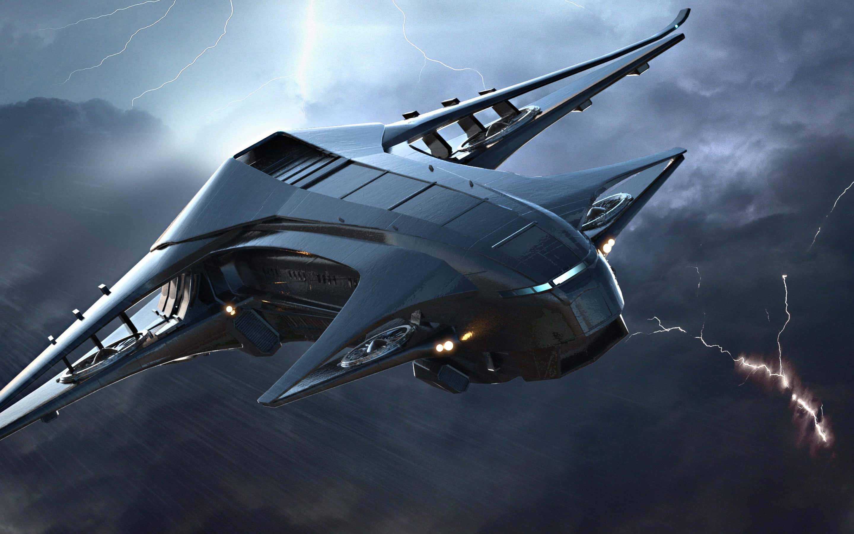 Spacecraft 桌布 壁紙 — 一艘時尚的未來太空船在閃電交加的暴風雨中翱翔。