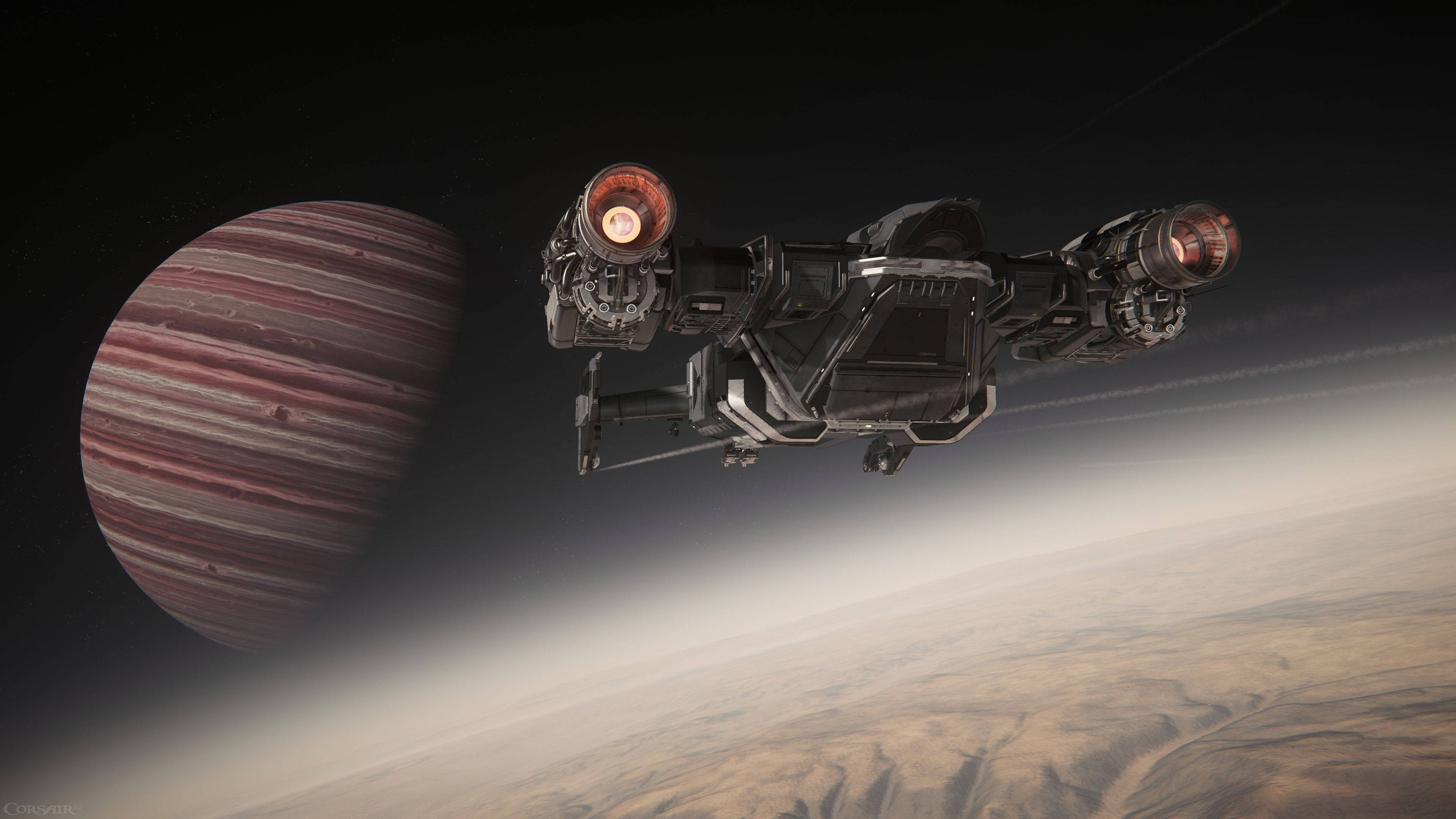 Star Citizen 桌布 壁紙 — 一艘時尚的未來太空船滑過一個巨大的條紋行星，下方是一個沙漠行星。