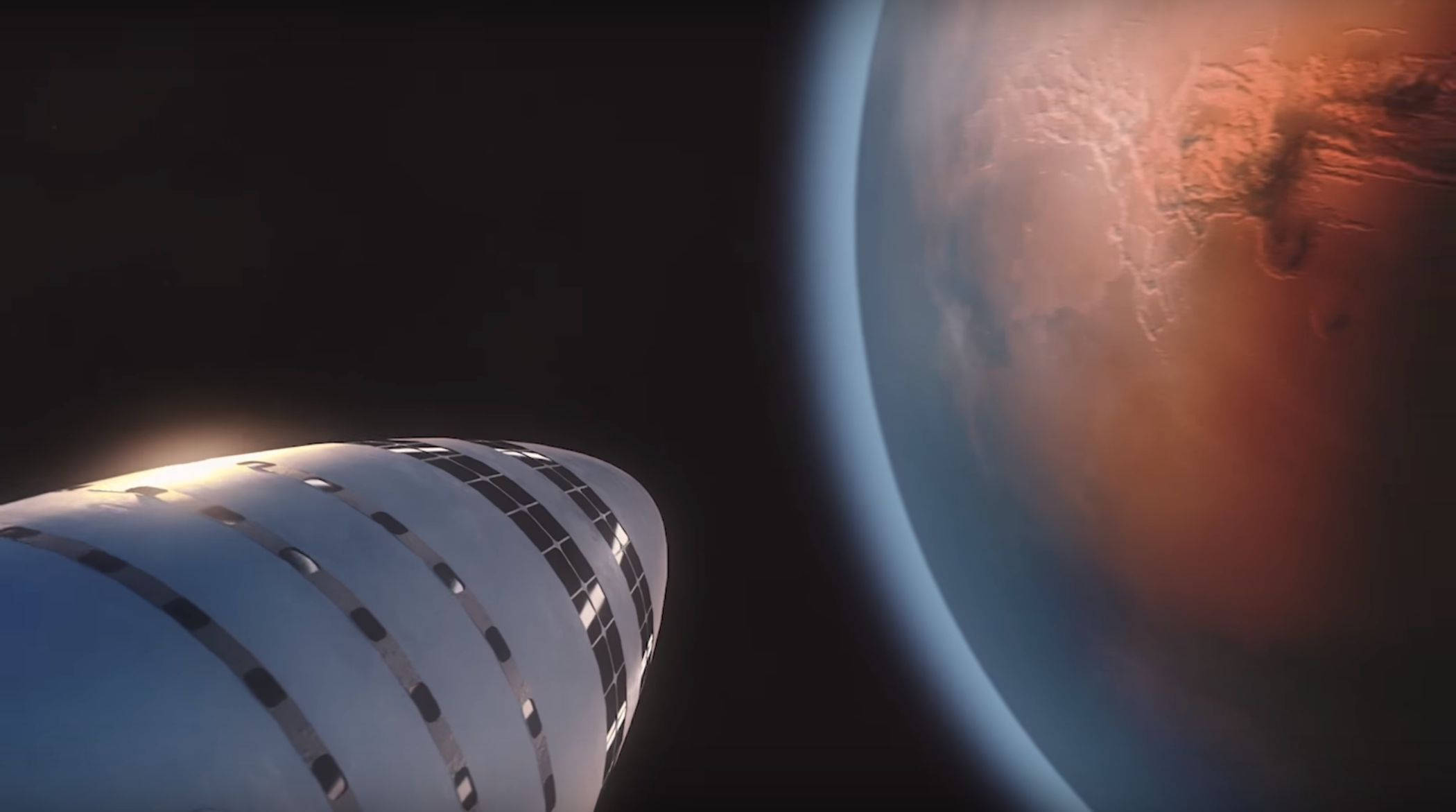 SpaceX 桌布 壁紙 — 一艘時尚的未來太空船滑過一個巨大的紅色行星，帶有旋轉的雲層和發光的藍色大氣層。