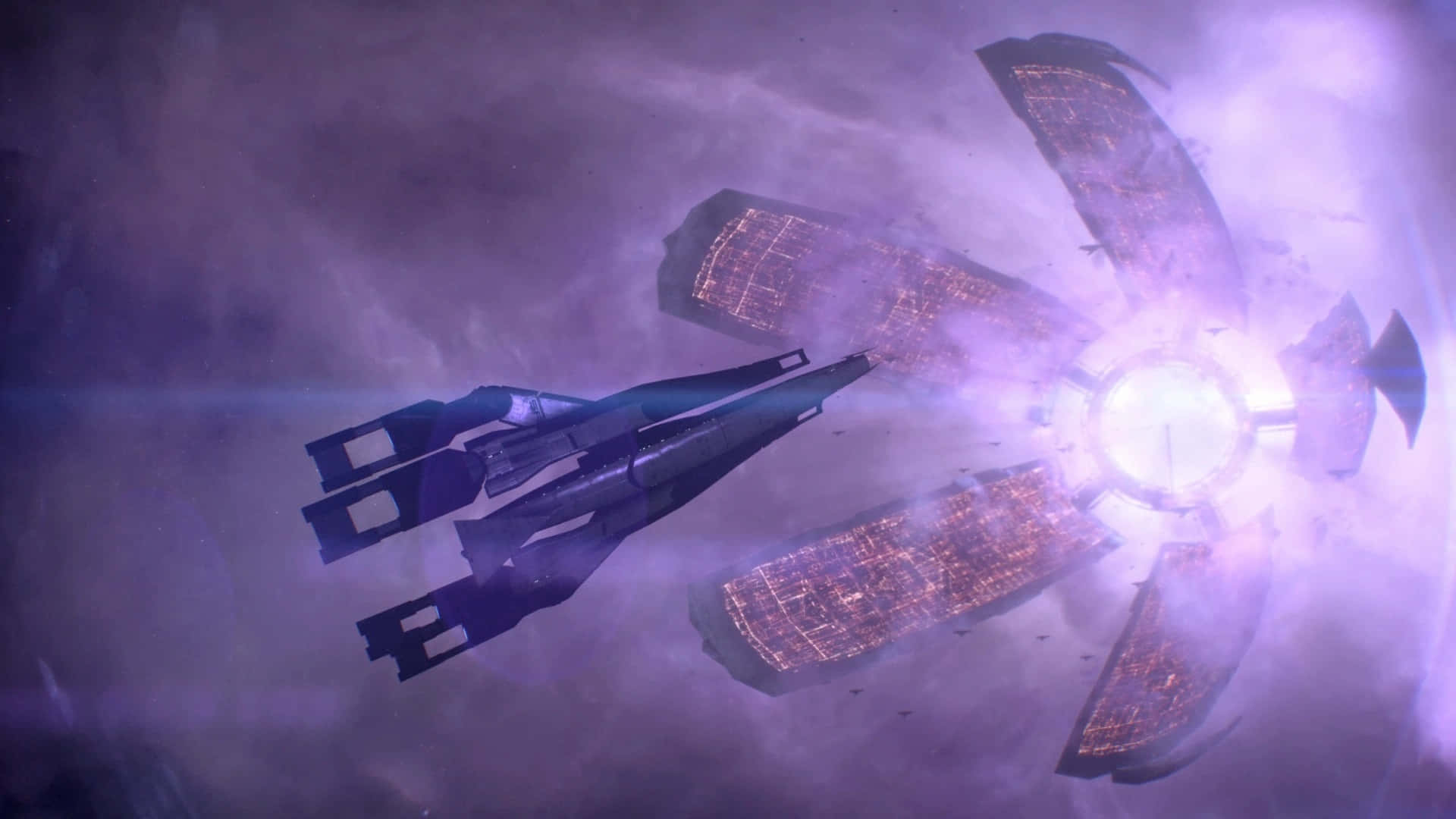 Mass Effect Citadel 桌布 壁紙 — 一艘時尚的未來太空船飛向迷霧宇宙虛空中發光的紫色能量傳送門。