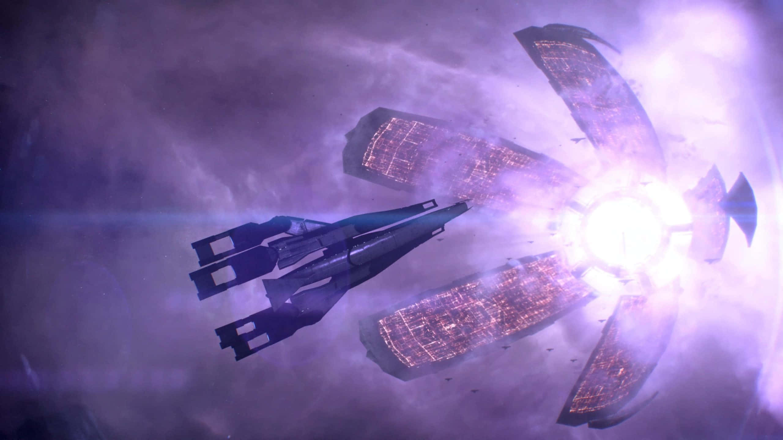 Mass Effect Legendary Edition 桌布 壁紙 — 一艘時尚的未來太空船飛過宇宙風暴中發光的紫色能量漩渦。