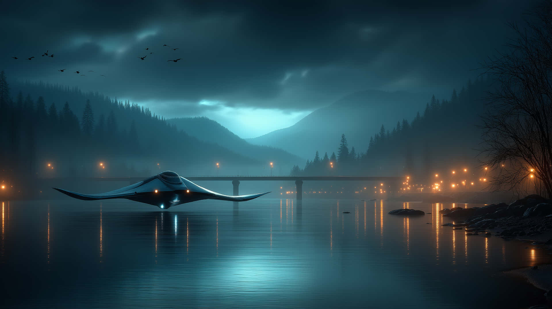 Mystical Winged Craft Gliding Over Water at Dusk 壁紙 — 一艘時尚的未來飛碟在夜晚籠罩著薄霧的河流上空盤旋，背景是暴風雨的天空、遠山和閃爍的城市燈光。