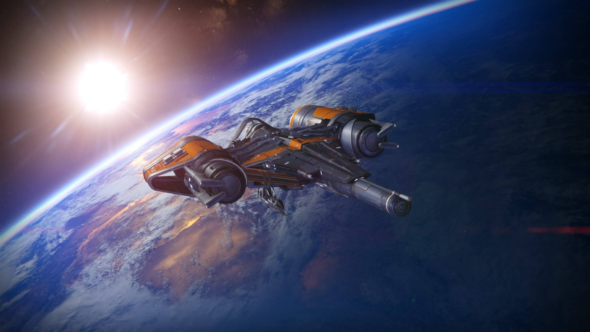 destiny 4K 桌布 壁紙 — 一艘時尚的橙色和銀色太空船在地球彎曲的地平線上方滑行，太陽在它後面燃燒。