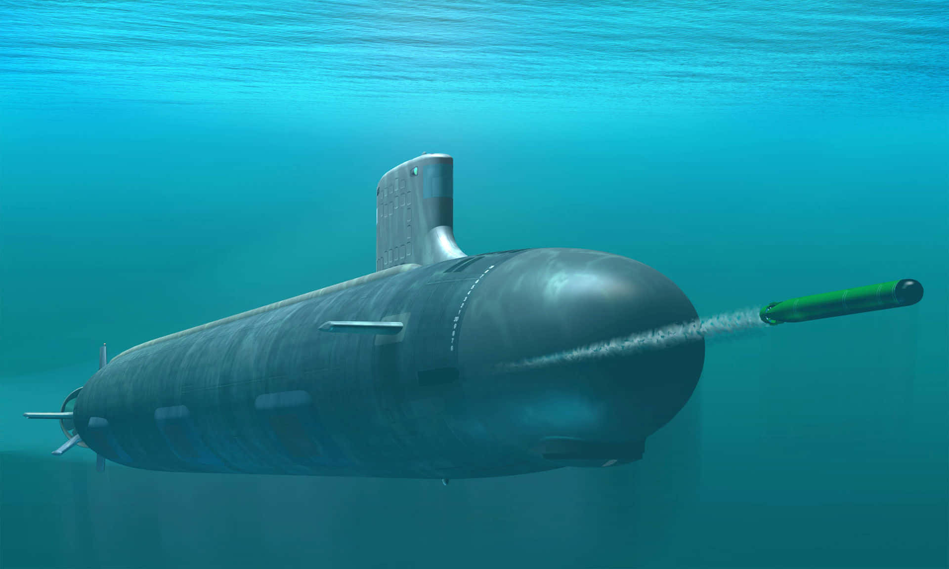 Submarine 桌布 壁紙 — 一艘時尚的深色潛艇在水下滑行，穿過清澈的藍色海水發射綠色魚雷。