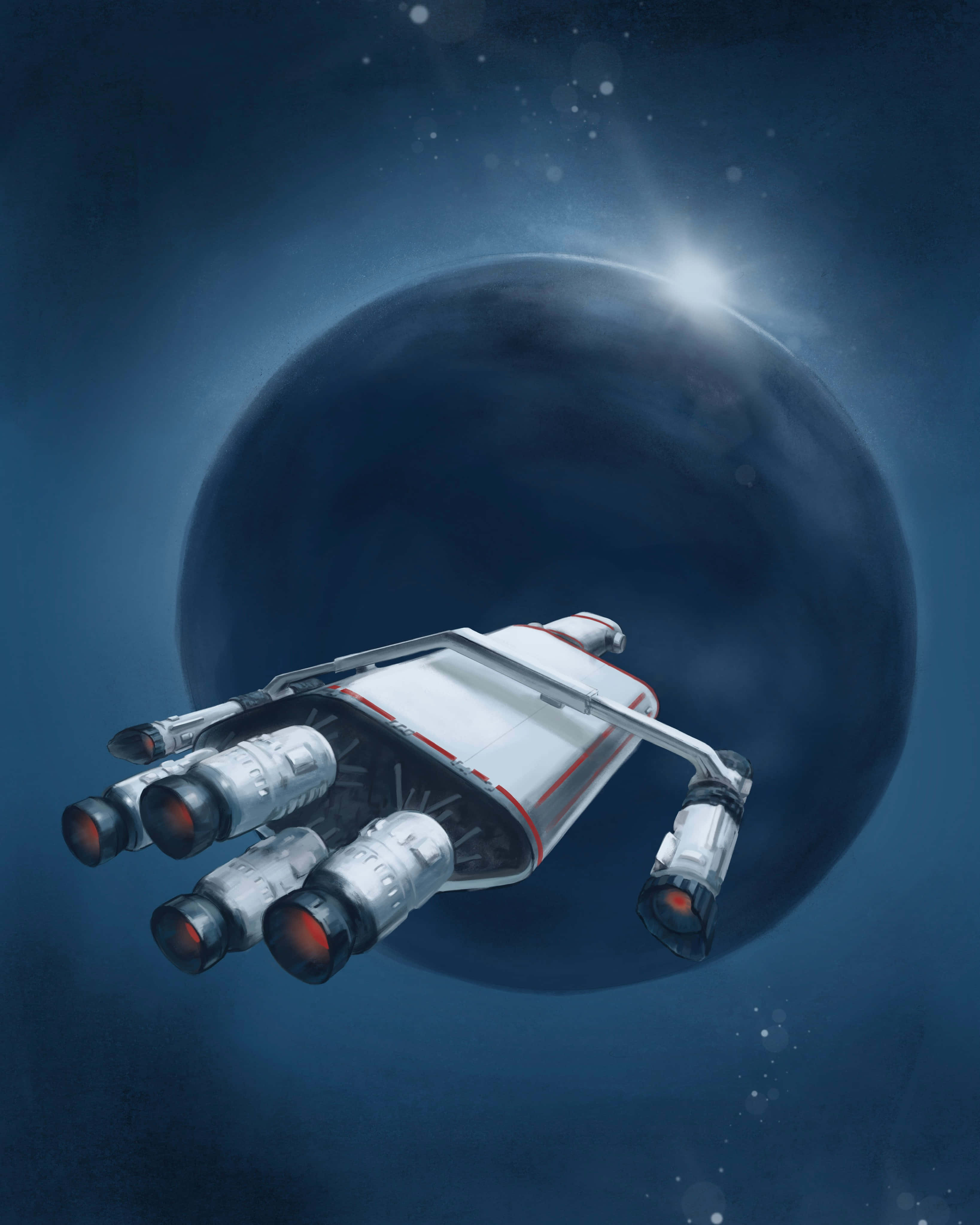 Spaceship 桌布 壁紙 — 一艘時尚的白色太空船，帶有發光的紅色引擎，在繁星點點的深藍色宇宙背景下飛過一顆巨大的黑暗行星。