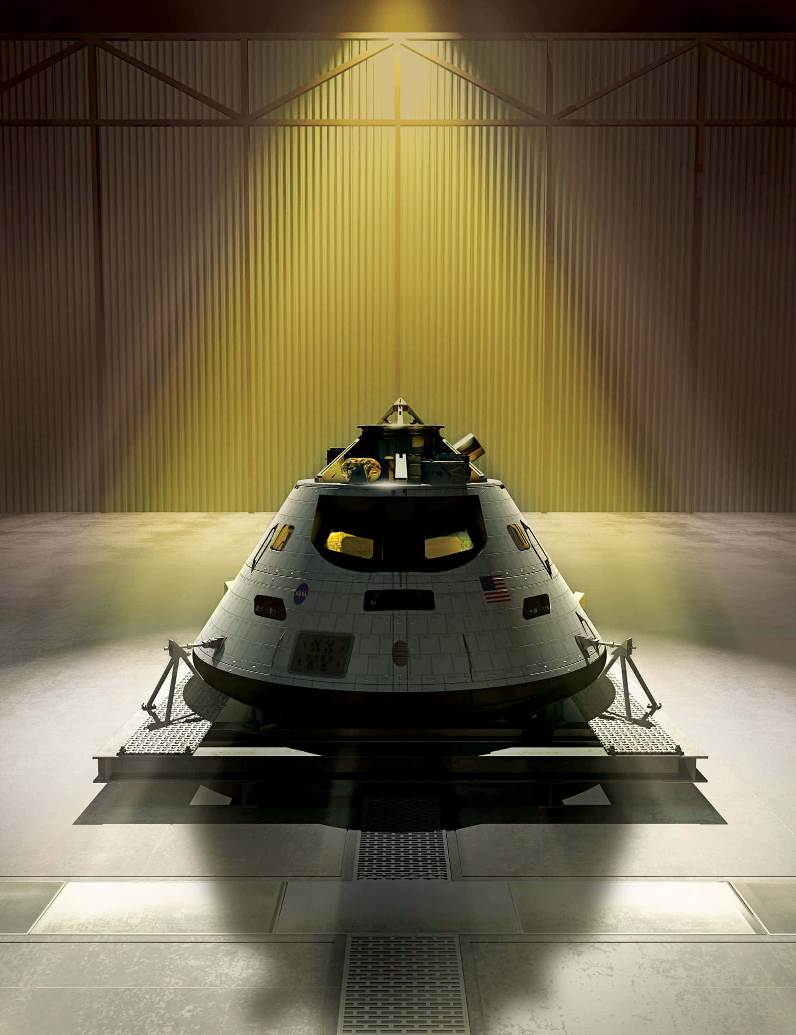Spaceship 桌布 壁紙 — 一艘時尚的白色太空船停放在燈光昏暗的機庫中的平台上，由單一金色聚光燈照亮，投射出戲劇性的陰影。