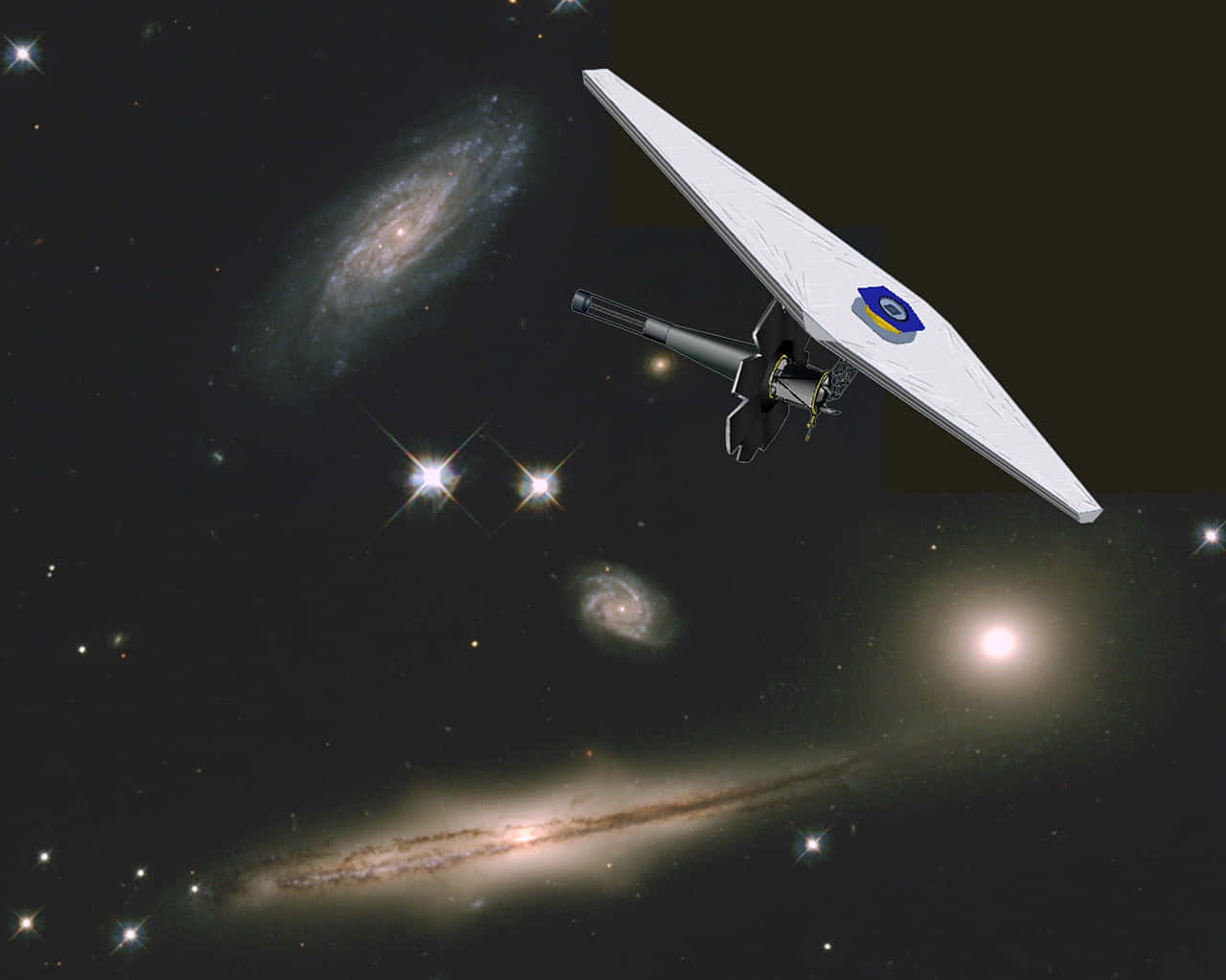 Telescope 桌布 壁紙 — 一艘時尚的白色太空船在深空中滑行，掠過發光的星系和閃爍的星星。