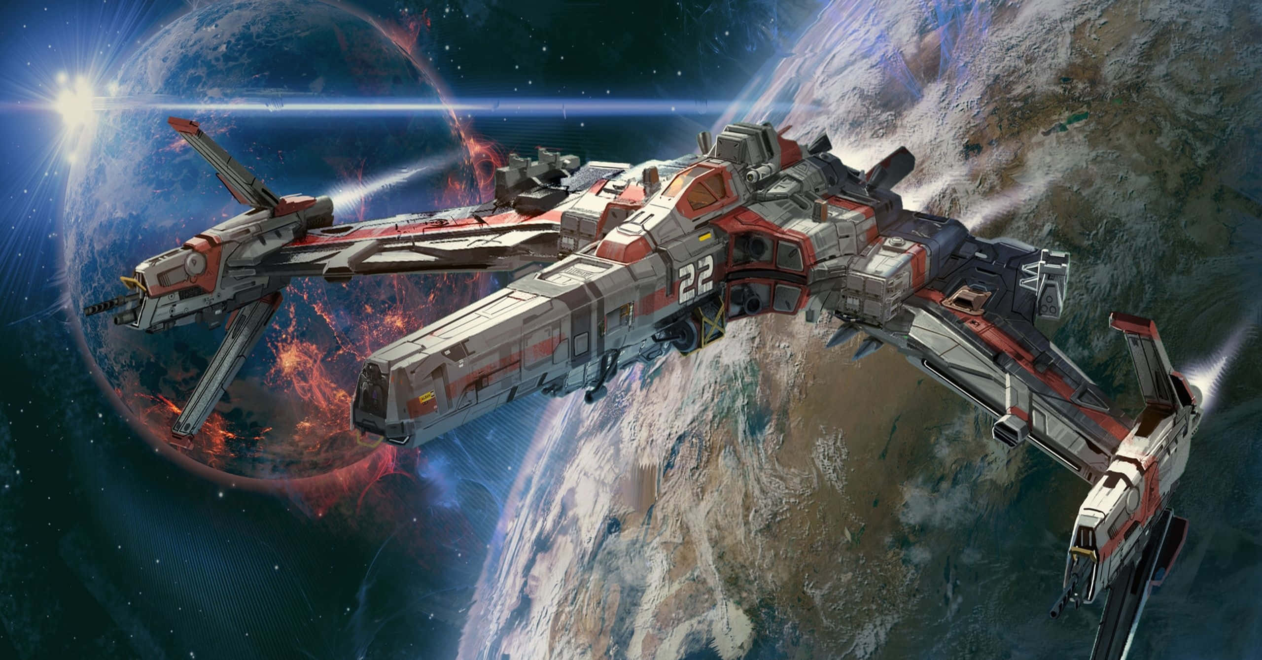 Spacecraft 桌布 壁紙 — 一艘時尚的紅白太空船飛過一個充滿活力的藍色行星，背景有發光的大氣帶和一顆明亮的星星。