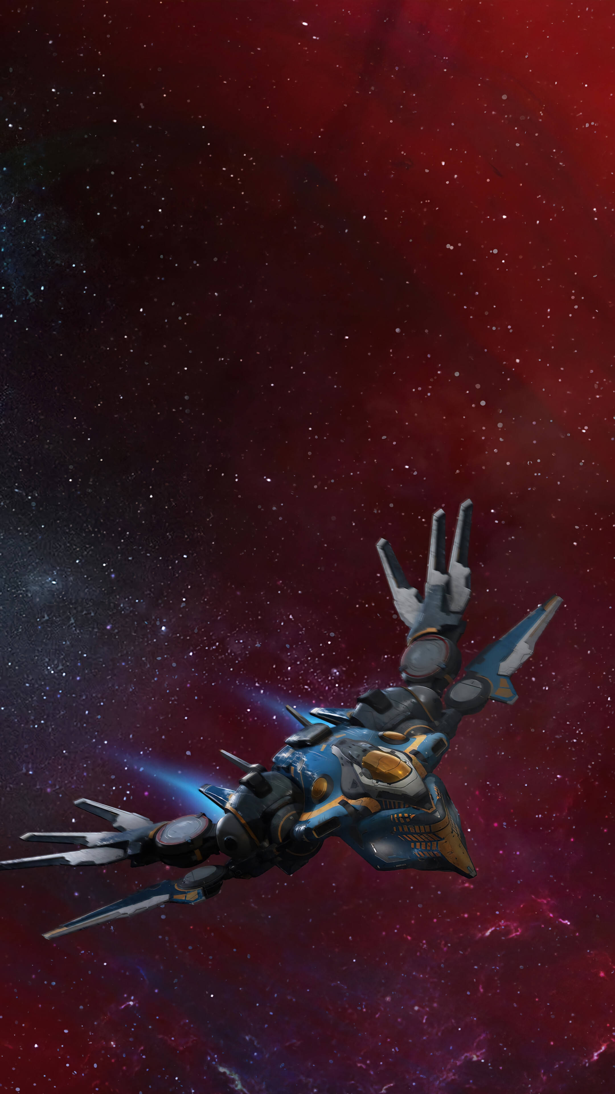4K Guardians Of The Galaxy 桌布 壁紙 — 一艘時尚的藍色和金色太空船在點綴著星星的鮮紅色星雲中滑行。