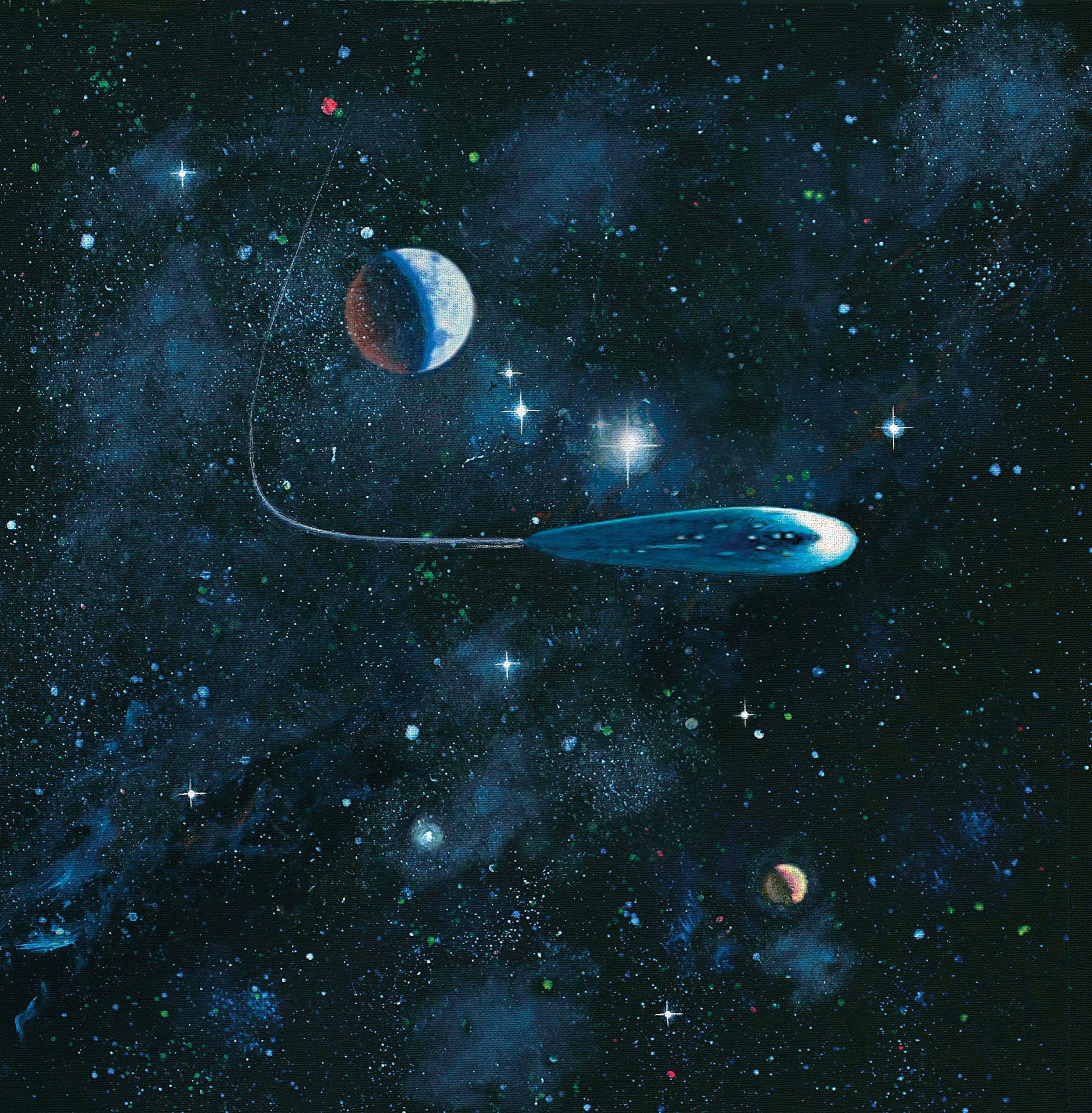 桌布 壁紙 — 一艘時尚的藍色太空船在星月交織的宇宙中滑行，靠近新月和遙遠的行星。