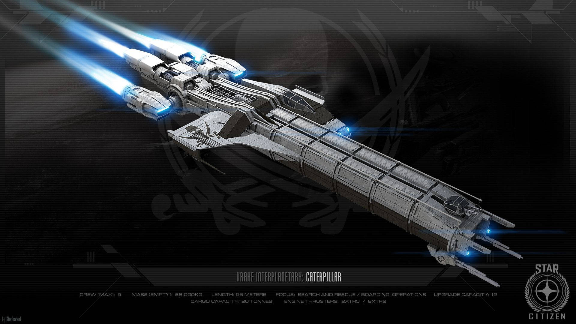 Star Citizen 桌布 壁紙 — 一艘時尚的銀色太空船，配備發光的藍色引擎，帶著運動軌跡衝過黑暗的宇宙虛空。