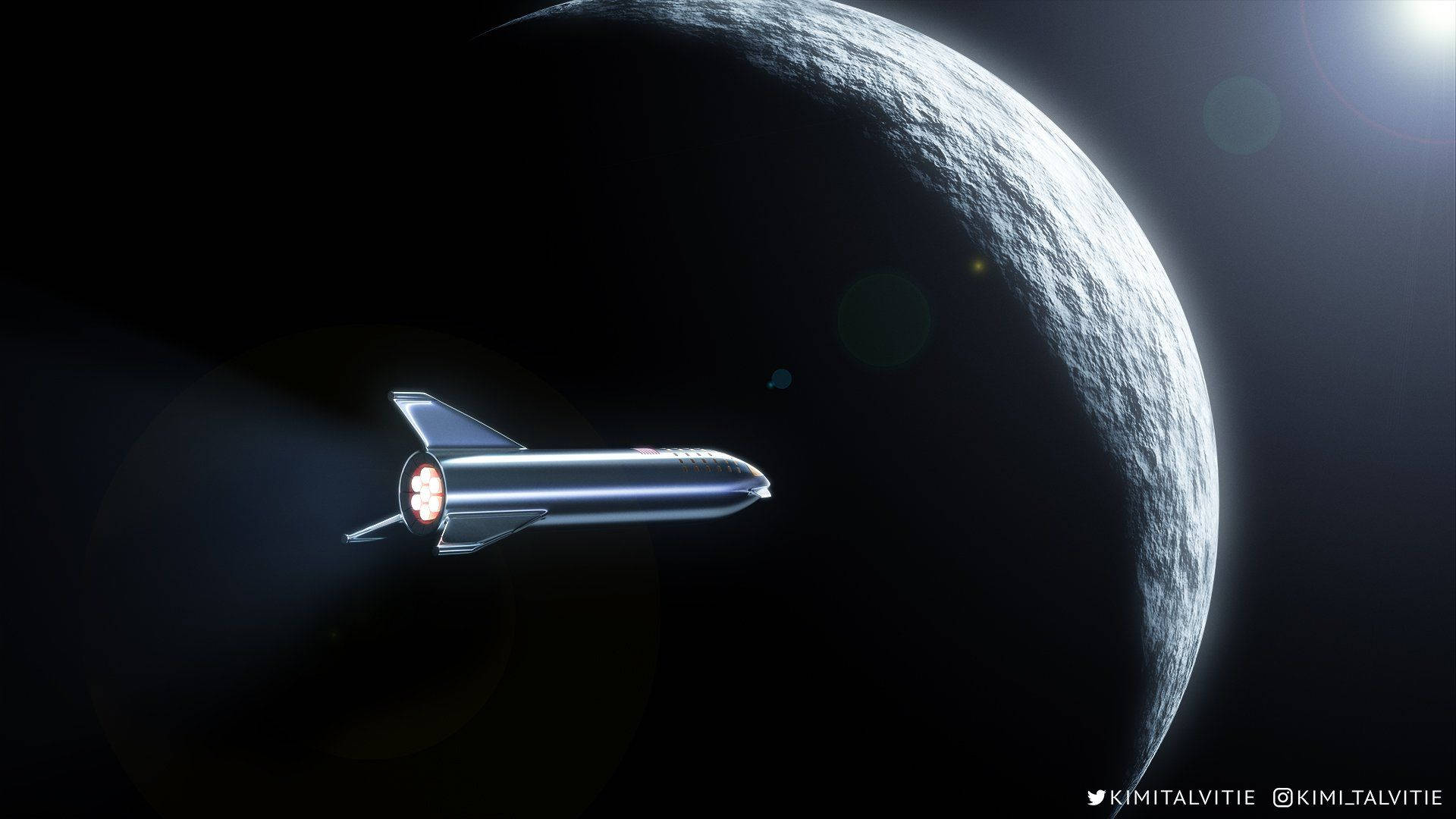 Spacex Starship 桌布 壁紙 — 一艘時尚的銀色太空船在太空中滑行，引擎發光，背景是巨大的隕石坑月球和明亮的星光。