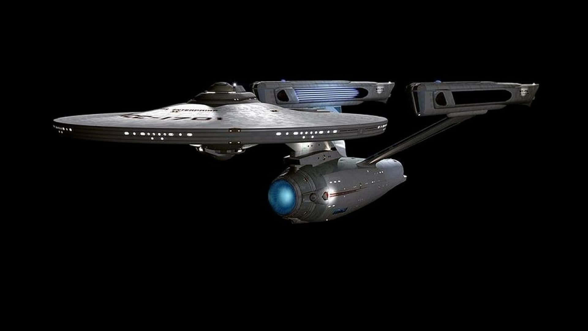 銀色星艦，藍色引擎，漂浮在太空 — 星際爭霸戰 GIF 壁紙