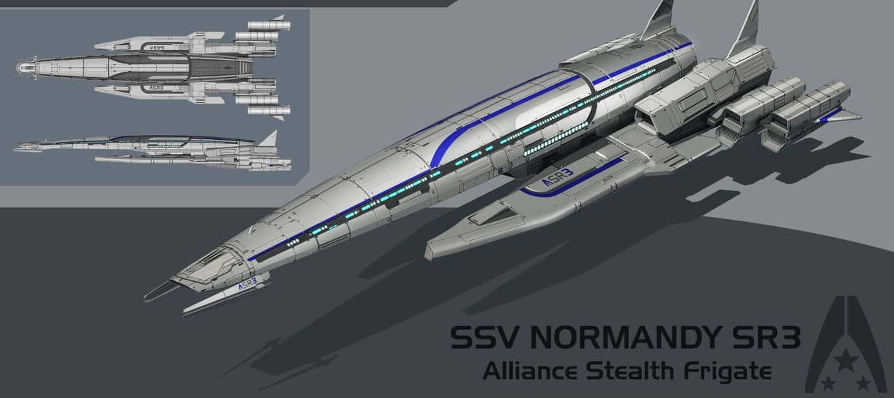 Normandy Sr-2 桌布 壁紙 — 一艘時尚的銀藍色聯盟隱形護衛艦，帶有發光面板和詳細示意圖，以技術3D渲染顯示。