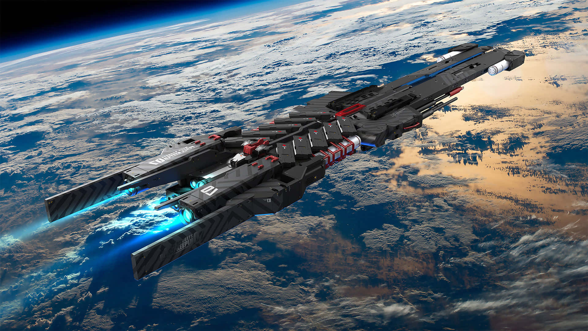 Spacecraft 桌布 壁紙 — 一艘時尚的黑色太空船，帶有發光的藍色引擎，翱翔在地球雲層覆蓋的表面之上。