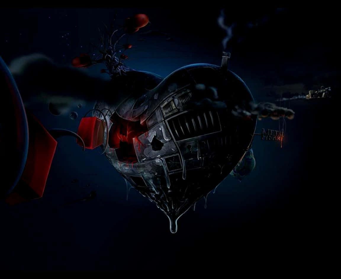 Dark Love 桌布 壁紙 — 一艘暗色金屬心形太空船，內部發出紅色光芒，在佈滿星星的虛空中漂流，周圍有漂浮的碎片和紅色球體。