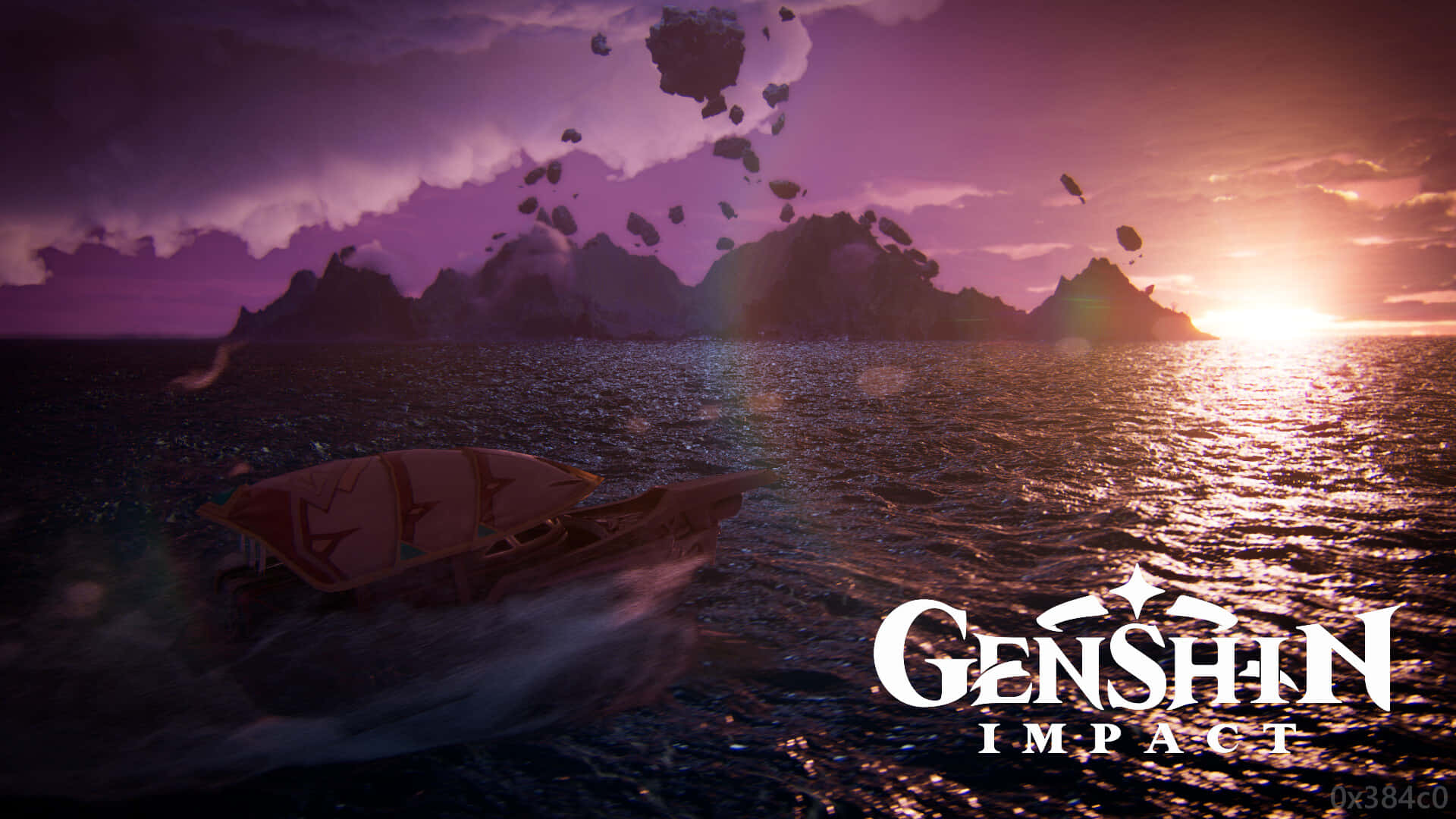Genshin 桌布 壁紙 — 一艘木船在日落時分漂浮在紫色海洋上，有浮石和遠處島嶼，天空壯麗。