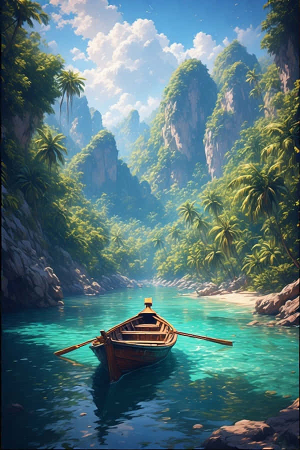 叢林 桌布 壁紙 — 一艘木船在明亮的藍天下，漂浮在翠綠懸崖和棕櫚樹之間的碧綠海水上，寧靜祥和。