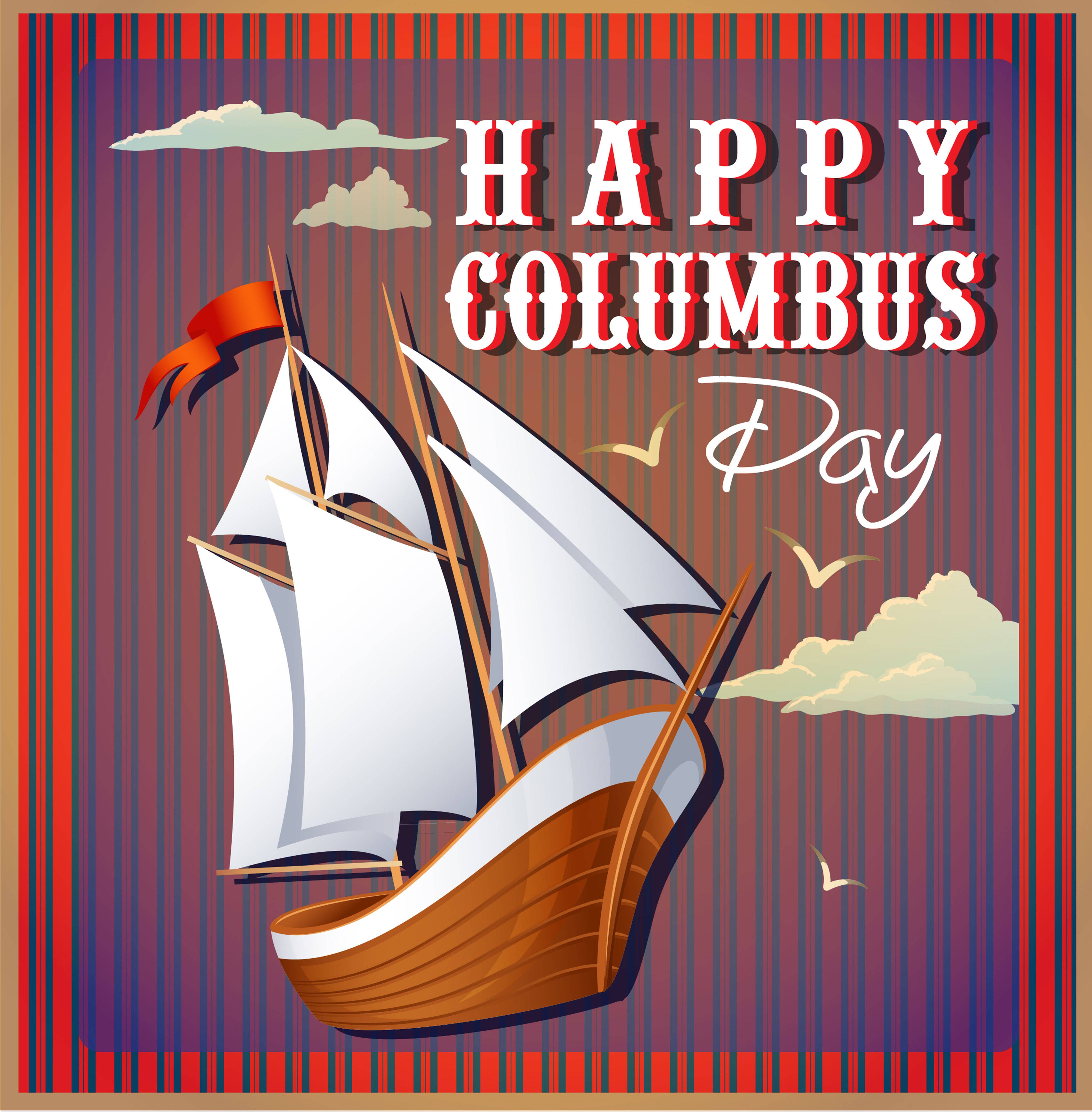 Columbus Day 桌布 壁紙 — 一艘木製帆船的復古插圖，帶有白色帆和紅色橫幅，背景是紫色和紅色條紋的天空，有雲和海鷗。