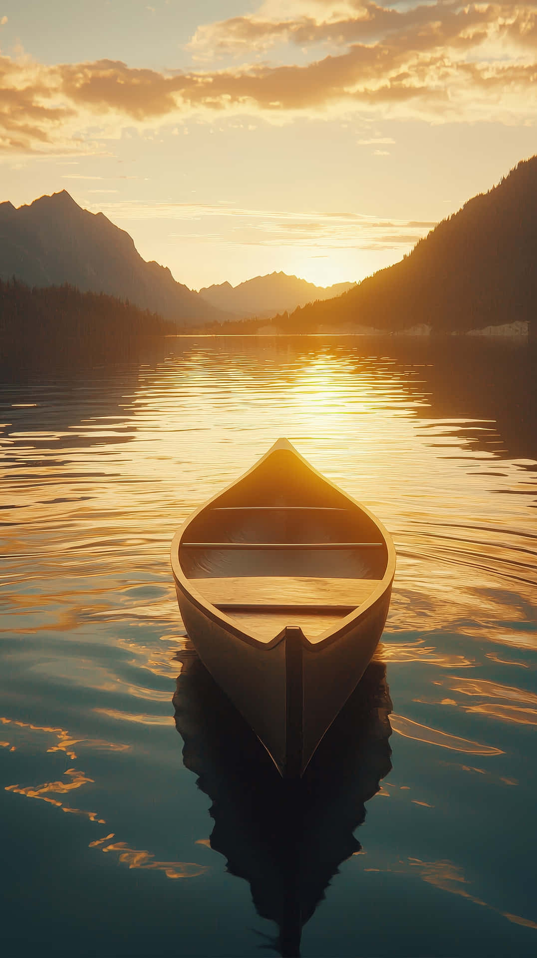 Serene wooden boat floating on a calm lake at golden sunset 壁紙 — 一艘木製獨木舟在金色日落時分，靜靜地漂浮在如鏡的湖面上，群山環抱地平線。