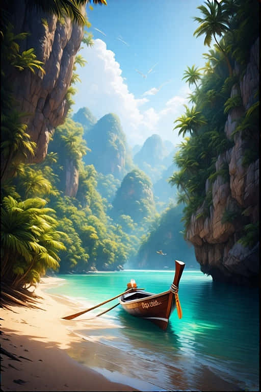 Longtail Boat and Limestone Cliffs Tropical Paradise 4K 壁紙 — 一艘木製長尾船停泊在金色沙灘上，四周環繞著高聳的叢林懸崖和碧綠的海水，在明亮的藍天下。
