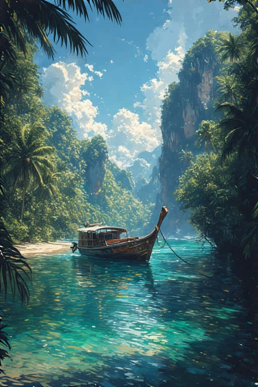 Longtail Boat and Limestone Cliffs Tropical Paradise 4K 壁紙 — 一艘木製長尾船在清澈碧綠的海水中休息，四周環繞著茂密的綠色叢林和高聳的石灰岩懸崖，上方是明亮的藍天。
