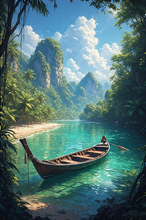 Longtail Boat and Limestone Cliffs Tropical Paradise 4K 壁紙 — 一艘木製長尾船在清澈碧綠的海水中休息，旁邊是沙灘，四周環繞著茂密的綠色叢林和高聳的石灰岩懸崖，上方是明亮的藍天和蓬鬆的白雲。