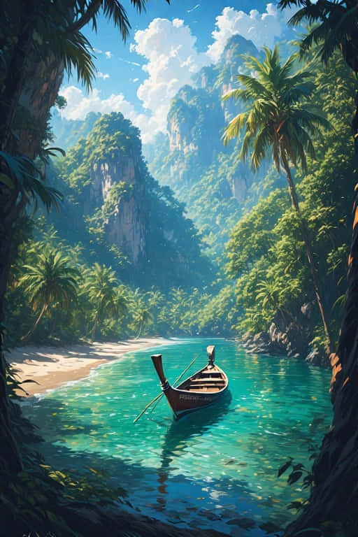 Longtail Boat and Limestone Cliffs Tropical Paradise 4K 壁紙 — 一艘木製長尾船在清澈碧綠的海水中休息，旁邊是沙灘，周圍環繞著高聳的叢林懸崖和棕櫚樹，在明亮的藍天下。