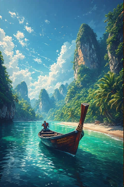Longtail Boat and Limestone Cliffs Tropical Paradise 4K 壁紙 — 一艘木製長尾船在碧綠色的海水中滑行，旁邊是沙灘，周圍是高聳的叢林覆蓋的懸崖，在明亮的藍天和白雲下。