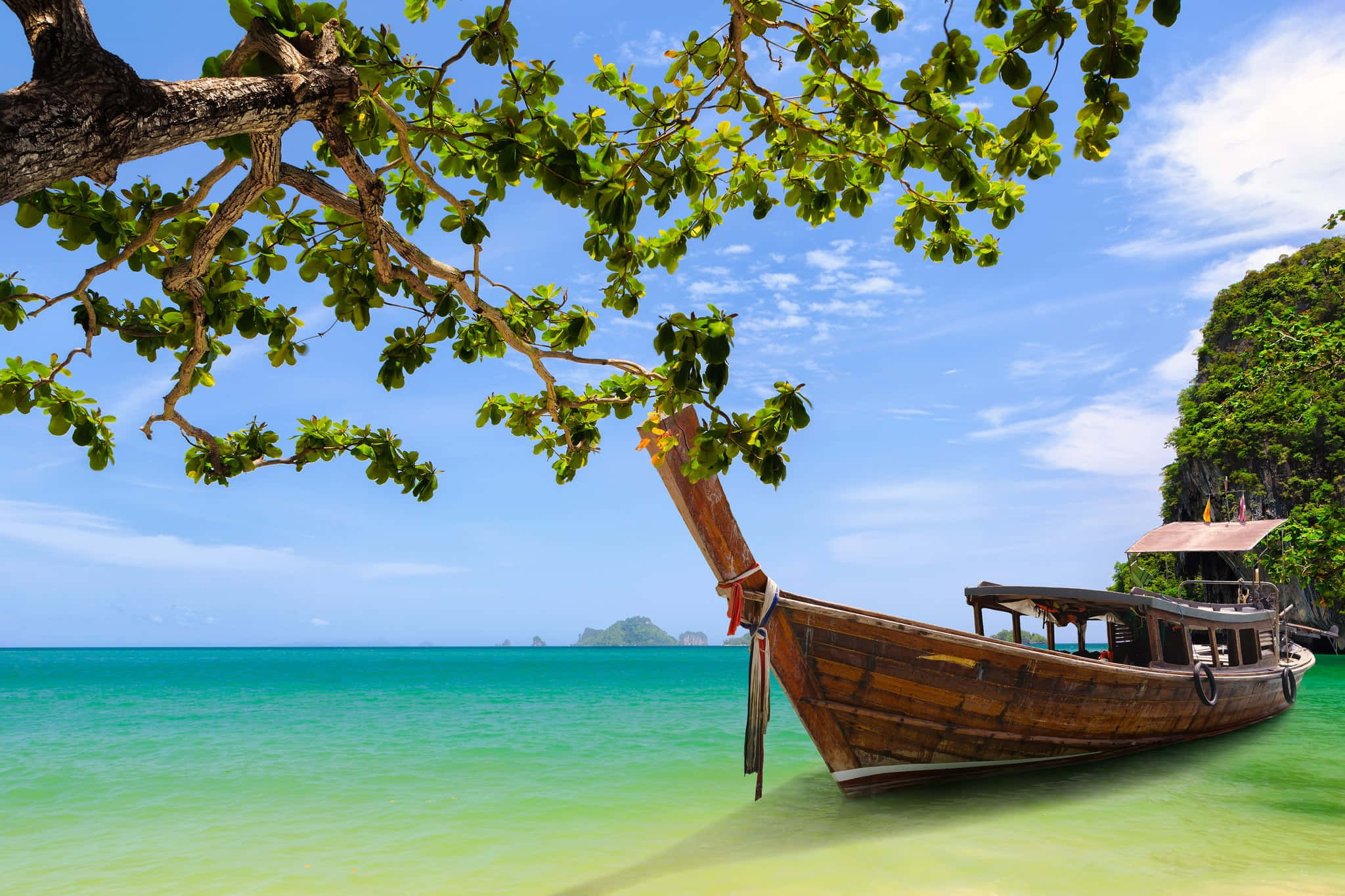 Boating 桌布 壁紙 — 一艘木製長尾船在陽光明媚的熱帶海灘上，停泊在茂密綠樹下的淺藍綠色海水中。