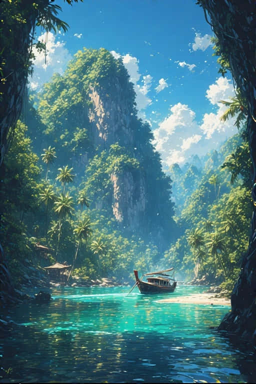 Longtail Boat and Limestone Cliffs Tropical Paradise 4K 壁紙 — 一艘木製長尾船漂浮在碧綠色的水域上，周圍是茂密的叢林峽谷，兩旁是高聳的懸崖和棕櫚樹，上方是明亮的藍天。