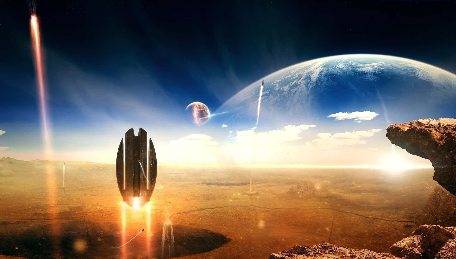 Star Trek Zoom 桌布 壁紙 — 一艘未來主義太空船從沙漠星球上升，地球和月球在充滿活力的日出天空中清晰可見。