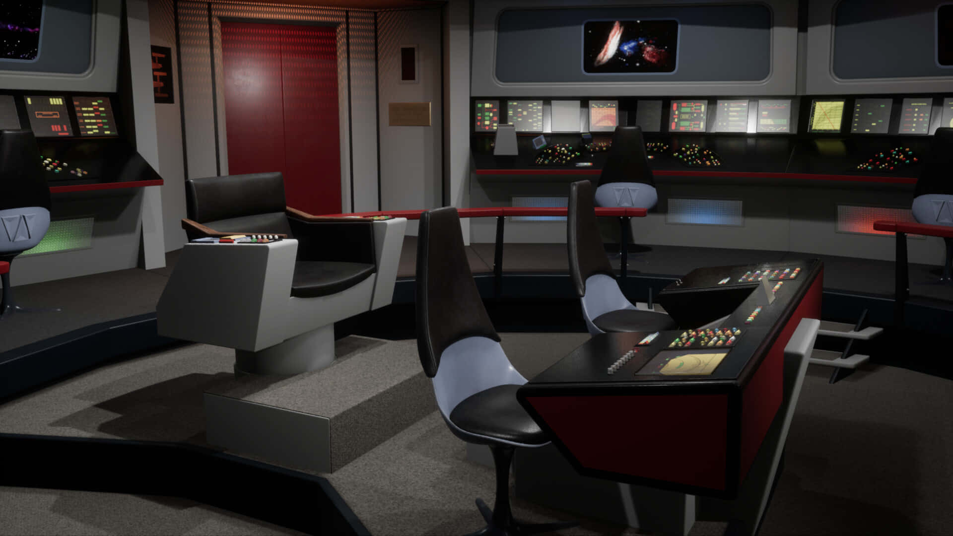 Star Trek Enterprise Bridge 桌布 壁紙 — 一艘未來主義太空船的艦橋，配備發光控制面板和時尚黑色座椅，處於昏暗的紅色和藍色燈光下。