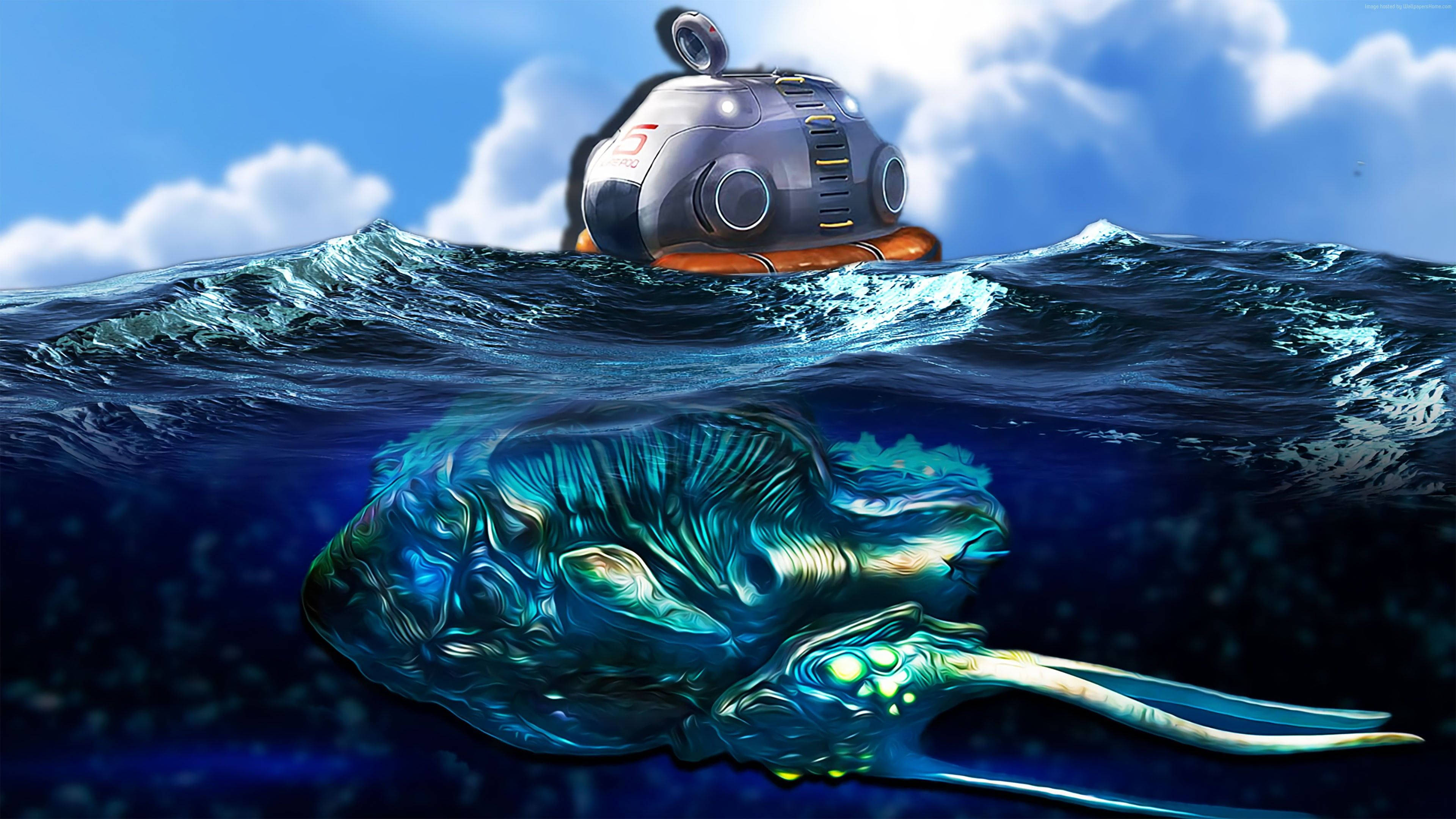 Aquatic 桌布 壁紙 — 一艘未來主義潛艇在洶湧的海浪上方漂浮，而一個發光的外星生物在深藍色水域下方游動。