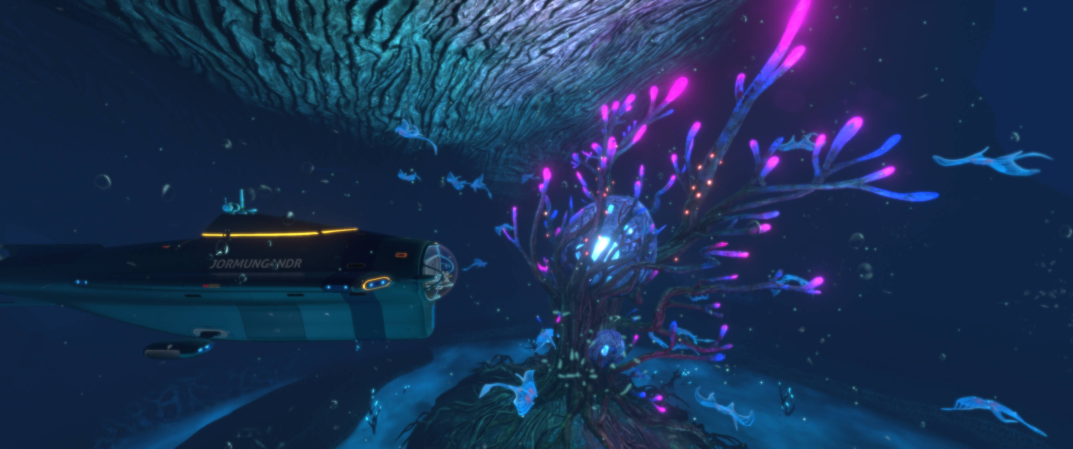 ghost leviathan 桌布 壁紙 — 一艘未來主義的潛水器在深海海溝中，掠過巨大紋理天花板下的發光紫色珊瑚。