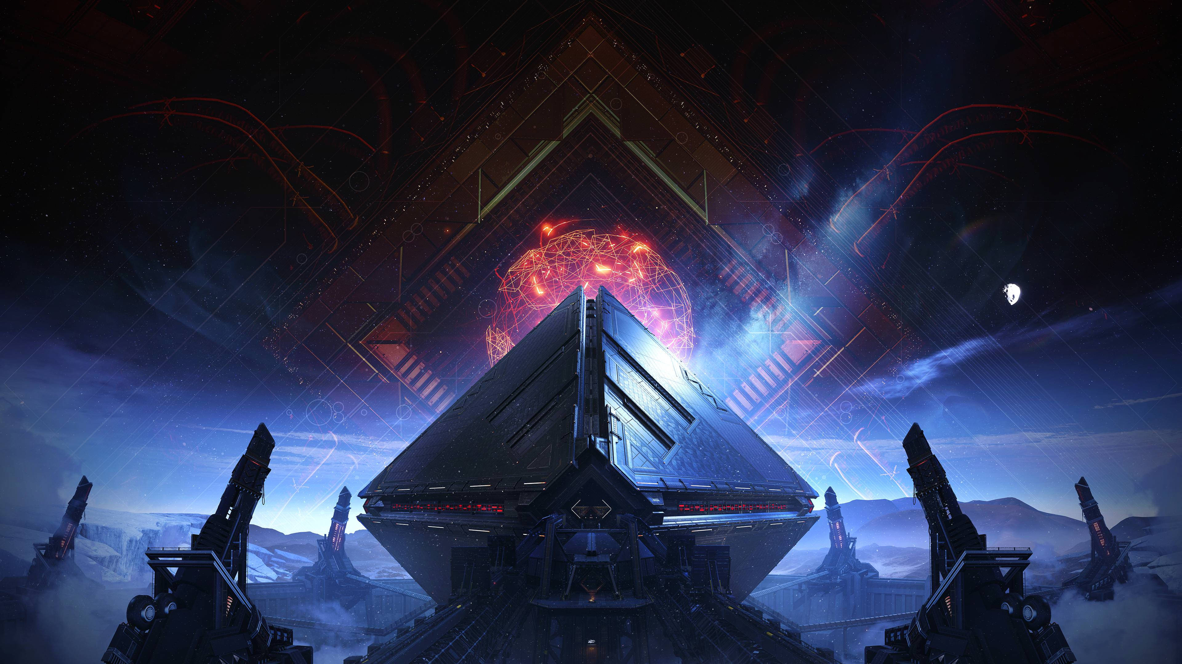 destiny 2 shadowkeep 桌布 壁紙 — 一艘未來主義的金字塔形太空船在星空下、發光的紅色能量球上方，盤旋在雪白的外星景觀之上。