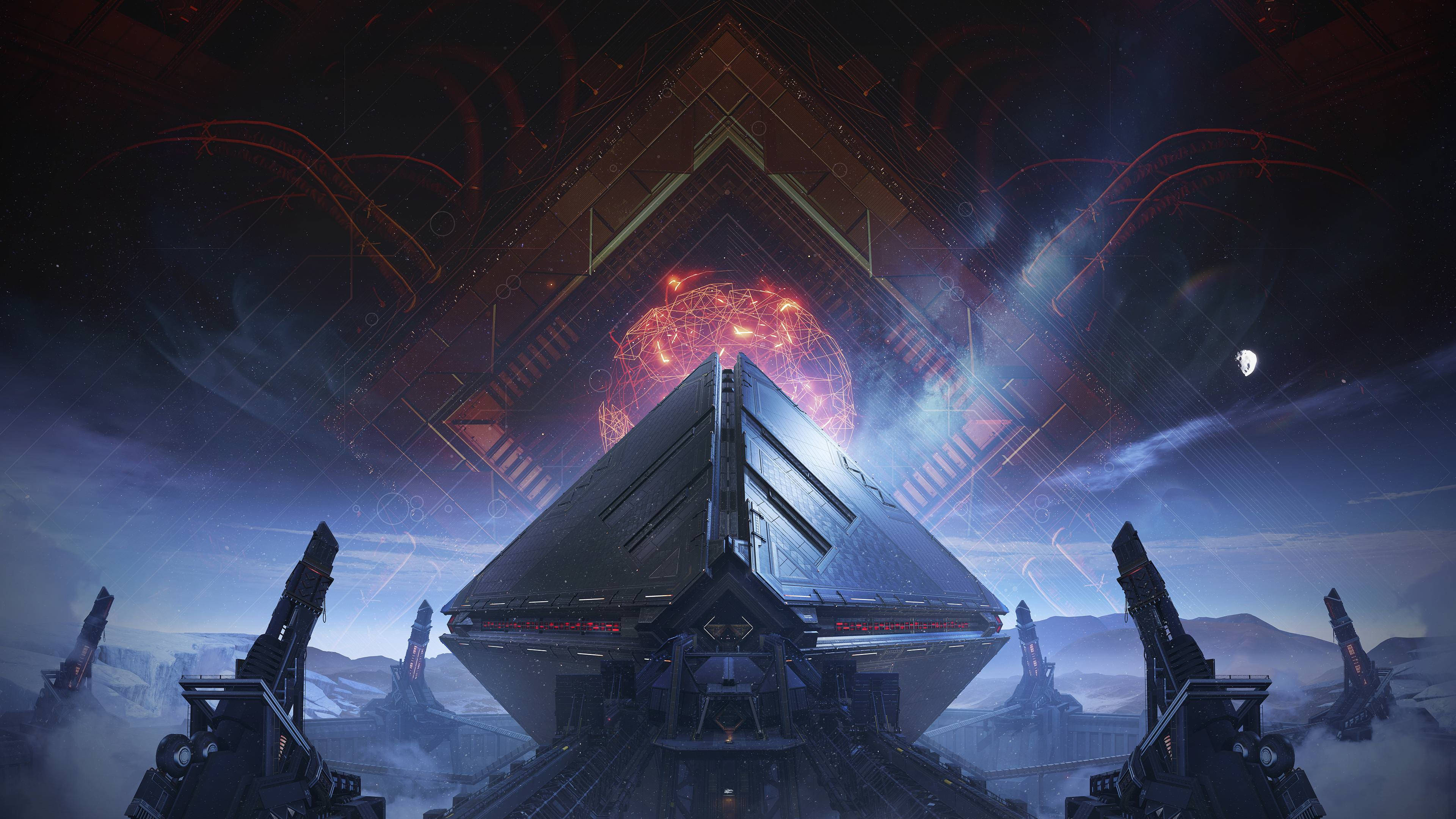 destiny 4K 桌布 壁紙 — 一艘未來主義的金字塔形太空船在荒涼的外星景觀上空盤旋，星空下閃爍著紅色能量漩渦。