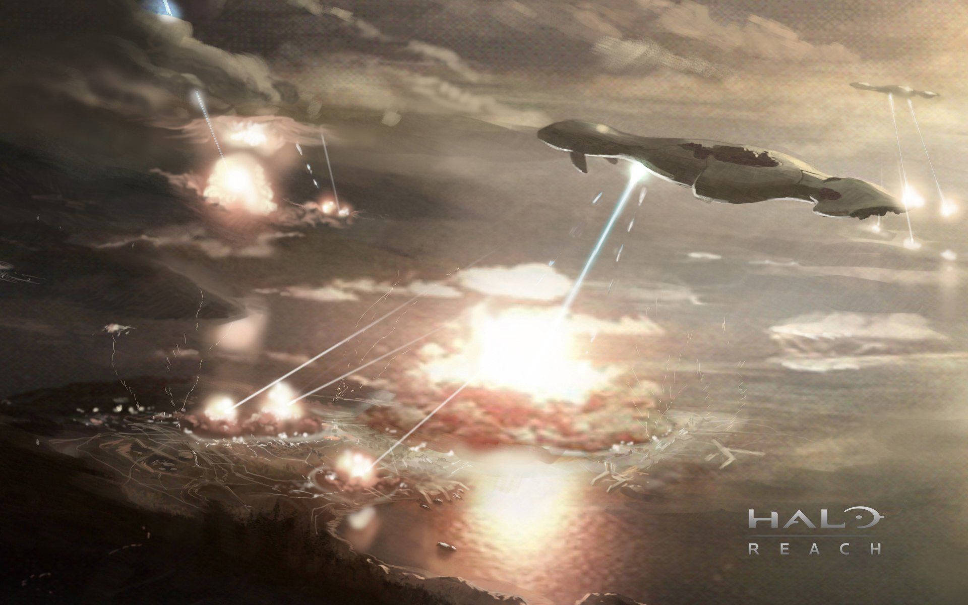 Reach 桌布 壁紙 — 一艘未來戰艦向沿海城市發射能量光束，爆炸照亮了暴風雨的天空。