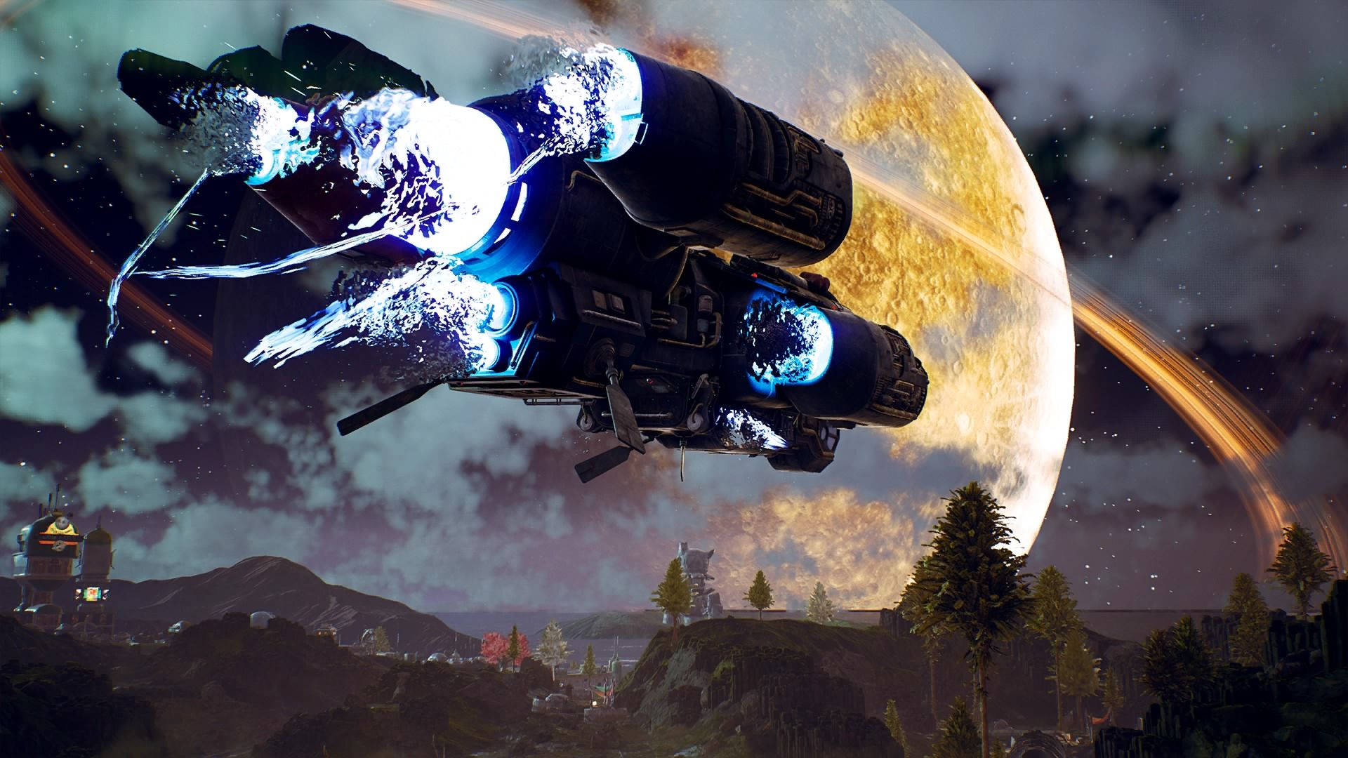 The Outer Worlds 桌布 壁紙 — 一艘未來風格的太空船，帶有發光的藍色引擎，飛越一個森林覆蓋的行星，背景中有一個巨大的環狀行星。