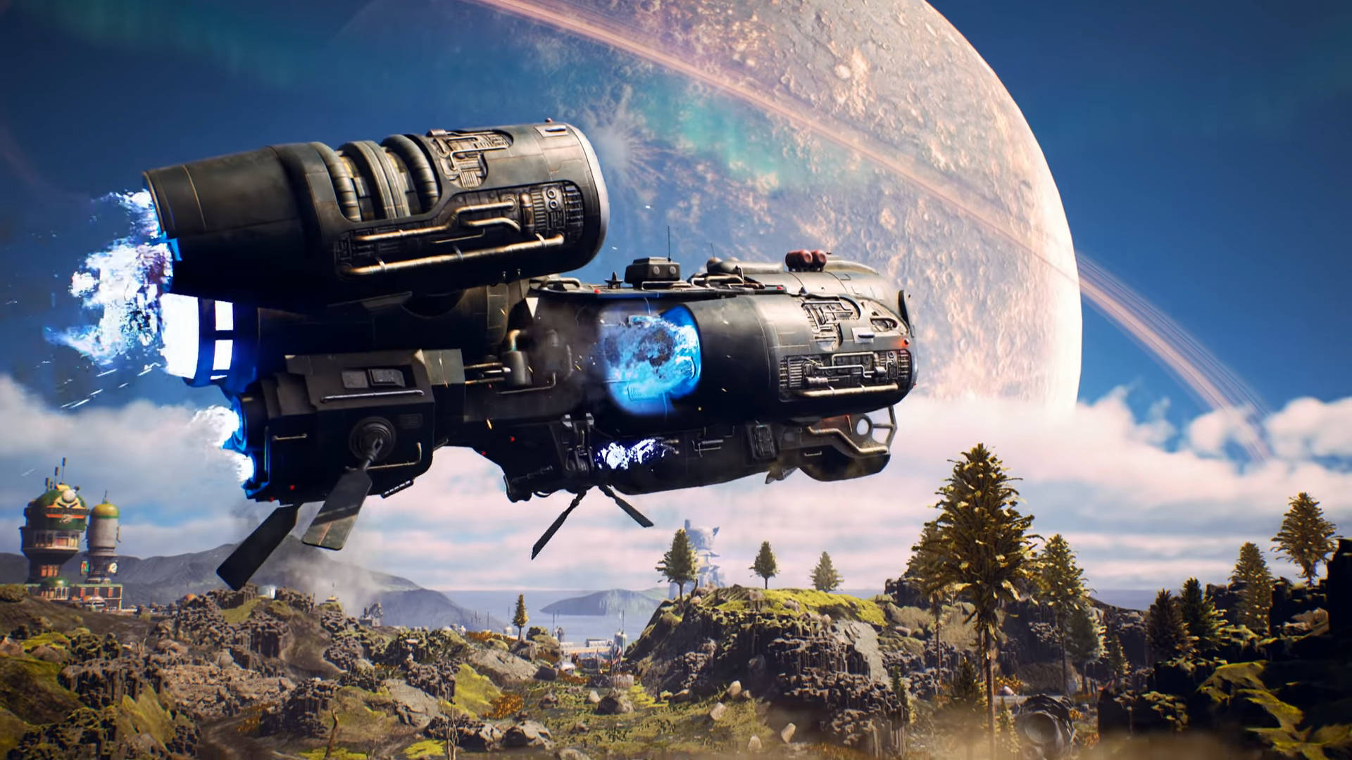 The Outer Worlds 桌布 壁紙 — 一艘未來風格的太空船，帶有發光的藍色引擎，懸浮在岩石外星景觀之上，天空中有一顆巨大的行星。